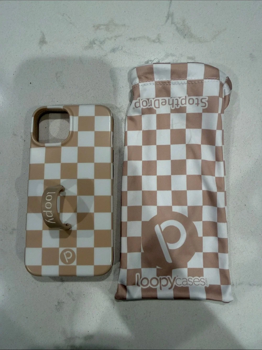 Loopy Case Beige and White Checkerboard iPhone Case with Loop Grip
